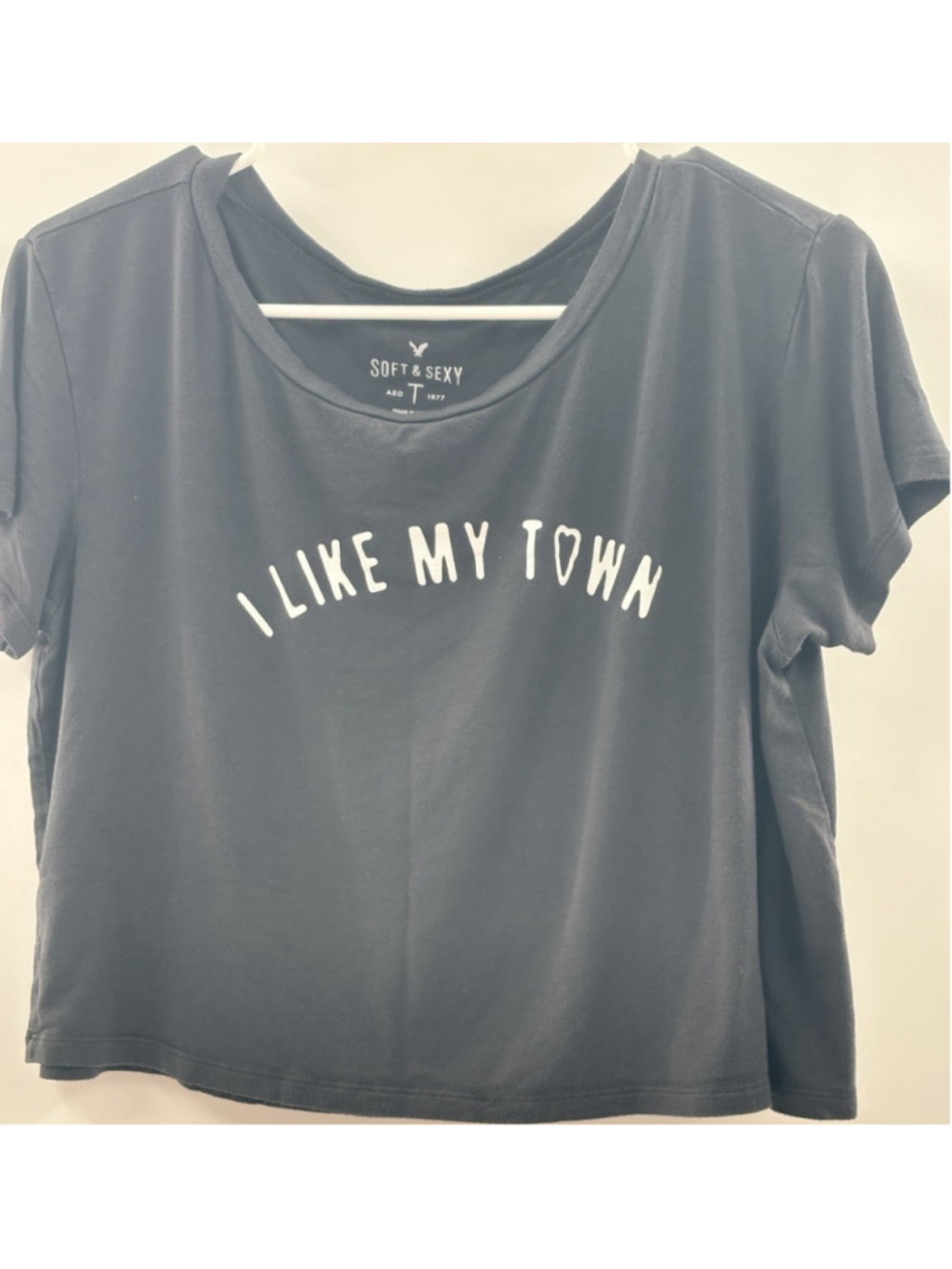 American Eagle Soft & Sexy Graphic Crop Top Shirt Small Gray I Like My Town Y2K